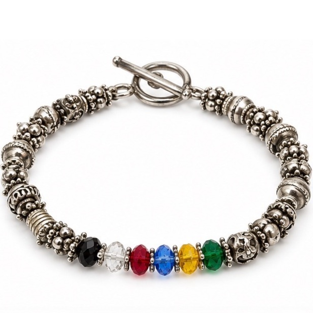 Bohemian Silver Tone Rainbow Crystal Beaded Toggle Bracelet Antique Finish - Picture 1 of 8